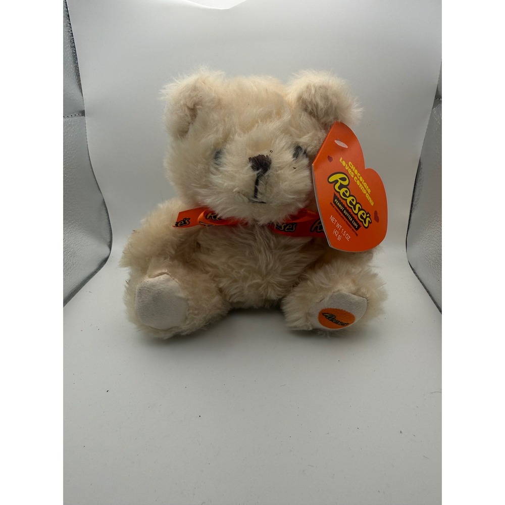 Reese's Peanut Butter Cups Cream Plush Teddy Bear Orange Ribbon Logo Advertising